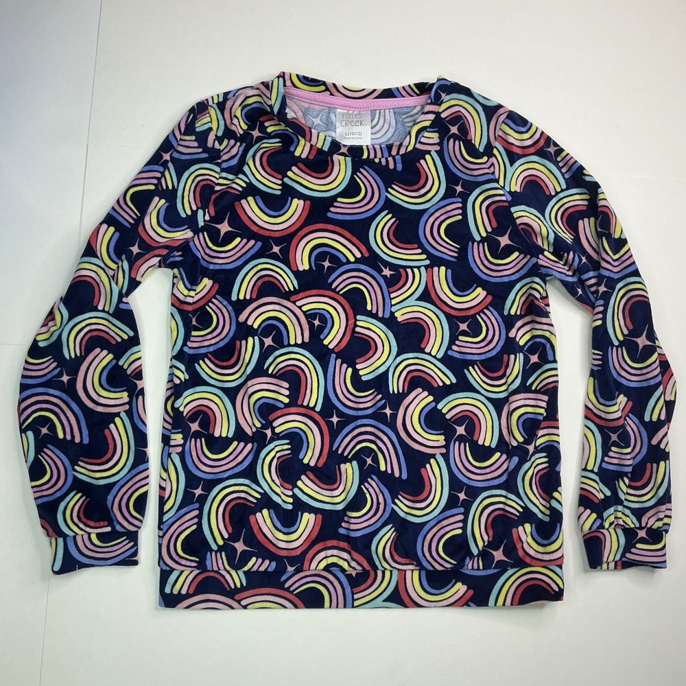Falls Creek Navy Rainbow Sweatshirt Kids L 10/12 Velour Star Print Plush Top